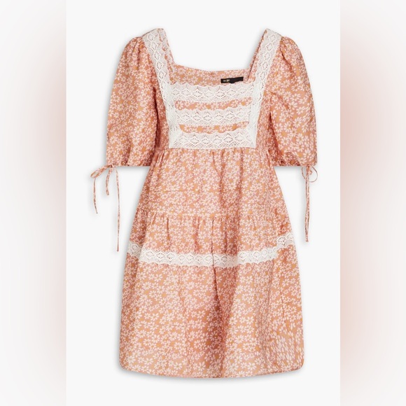 Maje Crocheted lace-trimmed floral-print linen-blend mini dress